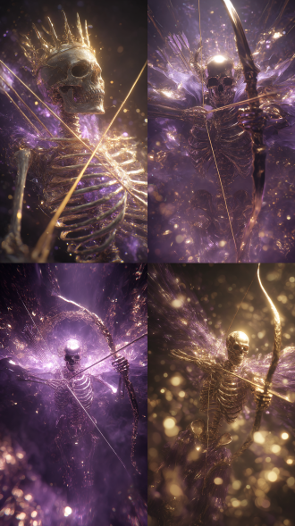 妖王强者骷髅王，弓箭，紫金色火焰，8k超清，cg，光效，前行，高品质细节，超精细cg，高分辨率，最佳品质，c4d，32k壁纸，构图平衡，神秘主义，hdr写实质感，不合逻辑，珠光，反光，暗夜，抽象，意识流，梦核，光线暗、能见度低，有噪点暗角。艺术感强。画面有辉光、耀光、雾感，融合惊悚与梦核元素，梦核美学，数字噪音与失真效果，从错误中寻找创意，对现有系统的颠覆与重塑，强烈的光影对比，仰镜头,强烈的对比色碰撞，惊艳，意识流，随机背景，柔和侧光渲染，写实，失真故障质感暗金色点缀，空间交错、电影镜头、(真实感: 1.5)，柔和的色彩，（鱼眼: 1.1)，全景航拍，微光，宿命感，华丽，曜变，仿佛命运的丝线正在被无情拉扯，充满了神秘而紧张的氛围。ue5渲染，电影级质感，胶片质感。