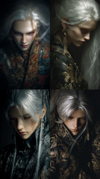 以暗黑怪诞东方奇幻风格呈现的人物摄影，借助虚拟引擎实现超高精度渲染，超写真现实笔触感尽显。仰拍镜头，油画，水墨丹青，笔触，线条清晰，明暗对比，超高清，垂坠感，高级感，闪片，高光阴影对比，精致的眼部妆容，全身像，灰白长发，最高画质，完美品质，绝美双瞳，丹凤眼。清透的皮肤，强光，细腻渲染，邪魅，细节五官。丰富细节，远景深，面部聚焦，极致丰富细节，高质量，耳坠，写实逼真，艳丽的油画质感，细腻肌理，bjd,背景黑色虚化，暗黑浅色系华丽服饰，极繁主义， 摆pose，男主，人物虚景轮廓由银色粒子光勾勒，散发着空灵的绝美冰冷感，以及梦幻、神性与孤傲的气质。其银灰色头发柔顺且超长，飞扬着，他穿着华丽的古装服饰，极繁主义，宽大飘逸的衣袖。背景是神殿，大师级的构图带来神圣感、救赎感和宏大史诗感，8k超高分辨率赋予其电影质感。