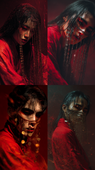 摄影大师电影剧照作品，这是一幅真人摄影方式、融入古风岩彩元素，以抽象写意的艺术风格呈现。身穿红道袍，他妆容精致，阴湿男形象，神秘，下半张脸被多枚铜钱编织组成的面帘垂坠遮住，黑色的长发飘逸散开。整体背景为暗红色系，战损，有些绝望，惊奇，道诡异仙，李火旺，克苏鲁，色彩饱满，细节繁复且合理，有着朦胧的浸润和流变效果，还带有独特的反射光影以及细腻的肌理感。流动色彩风格，液态颜料随肢体飞溅成抽象野兽派笔触，丙烯颜料，油画，使背景与前景相互融合，暗黑，采用非传统的构图方式，打破常规呈攻击姿态，速度模糊感，肌肉线条流畅，通过仰视广角产生震撼感，张扬，个性，战斗场面，精致立体五官，焦点在面部打上伦勃朗光，表现光影色彩对比强度，色彩冷暖对比，艺术氛围感强，打破常规，主题明确，焦点扣人心弦，视觉冲击力强。胶片质感，锐利焦点，先锋艺术，超现实，杰作，hdr写实质感，不合逻辑，珠光，反光，暗夜，抽象，意识流，梦核，光线暗、能见度低，有噪点暗角。艺术感强。有辉光、耀光、雾感，融合惊悚与梦核元素，梦核美学，数字噪音与失真效果，从错误中寻找创意，对现有系统的颠覆与重塑，强烈的光影对比，仰镜头,强烈的对比色碰撞，惊艳，意识流，随机背景，柔和侧光渲染，写实，失真故障质感暗金色点缀，空间交错、电影镜头、(真实感: 1.5)，柔和的色彩，（鱼眼: 1.1)，全景航拍，微光，宿命感，华丽，曜变，仿佛命运的丝线正在被无情拉扯，充满了神秘而紧张的氛围。ue5渲染，电影级质感，胶片质感。风格暗黑，精神状态濒临崩溃，皮肤冷青白晰