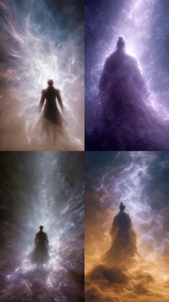 神明世界，真实摄影，妖神缠绕着奇异光芒与扭曲能量展现超自然力量的场景、神秘玄幻且震撼的氛围、超自然力量如涌动的能量流肆意扩散改变周边环境、前面一个背对着镜头的仙君，周身仙气环绕，气势汹涌，战斗一触即发，构图突出力量主体、奇幻魔幻艺术风格、画面充满奇幻色彩，细节生动逼真体现力量质感、超清写实风格。