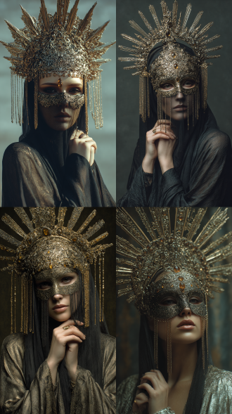 一个戴着带有东方奇幻元素的神秘哥特式青铜面具的女人，面具上有高耸的金属冠状结构、错综复杂的金银细丝图案，面部覆盖着深色薄纱，面具配有琥珀色宝石和金色装饰、飘逸的流苏和珠子，此人穿着华丽宽袖服饰摆着诡异姿势,全身展示,全身照,浅景深背景,阴郁而高贵,暗黑奇幻美学,超精细,8k,电影级灯光效果。真人形象，专业摄影，杰作，细节丰富，超高清，超细节，高清渲染，细腻画质，高质量，最高画质，高级感。超现实主义，电影氛围感，情绪氛围感。呈现栩栩如生的质感，光线处理极为写实，画面细节锐利清晰、毫无模糊。 纯欲风，纯欲脸，绝世美颜，面容精致、美丽。眼睛绝美，淡妆，锁骨，女人味。