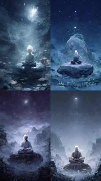 以写真为视觉风格，借助自然光线和质感光照营造出十足的质感。画面的中心是一位白发苍苍却仙风道骨的老修真者，他盘坐在一块巨大的灵石上，闭目养神，周身散发着祥和的气息。他的周围是一片神秘的修真山谷，山谷中灵雾弥漫，各种奇异的灵植生长其中，偶尔有灵禽飞过。天空中，星辰闪烁，一轮明月高悬，整个画面色调偏冷，充满了玄幻世界的神秘与梦幻