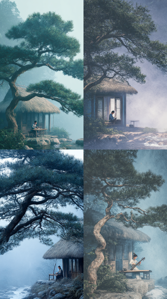 山路边有一棵枝繁叶茂的古松，古松下坐落着一栋质朴的草房，草房的窗户大开着，窗内的桌案上，一位身着古装的诗人正专注地弹奏古琴。一条清澈的溪水从草房旁边淙淙流泻而下，溪水在石头间流淌，泛起细小的水花。整体画面细节百分之百真实，采用写真风格，质感光照，自然光线充足，呈现出摄影般的质感。风格为写实风，数码摄影，清晨的薄雾笼罩着古松、草房和诗人，光影朦胧，以淡蓝色调为主，营造出宁静空灵的氛围。构图上，草房在画面中间偏上，古松在左侧部分被薄雾环绕，诗人在草房内靠近窗户处，溪水在画面下方蜿蜒，突出清晨的朦胧感
