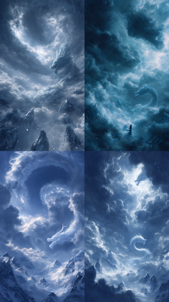 俯视视角，光线神秘宏大，女娲娘娘补天，画面8k高清画质，冰雪世界，魔幻风格，有着细腻渲染和写实渲染的风格，一条若隐若现的长龙在天空的尽头盘旋，在云雾里穿梭，乌云汹涌翻滚，电闪雷鸣 凌空，整个场景充满了奇幻与壮阔的气势，巨物，要有强烈的动态感，向粒子在飞舞构图大胆，充满视觉冲击力，超广角镜头拍摄，鲜明对比，乌云翻滚