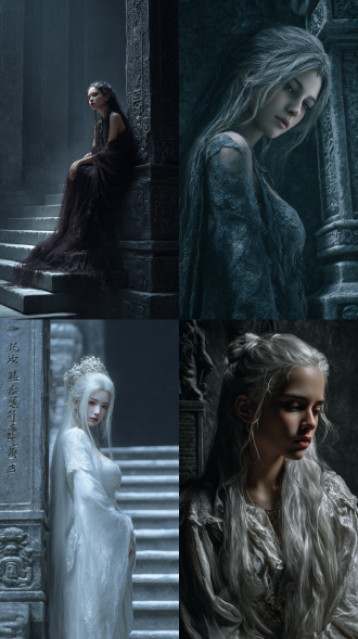 写真超高清电影质感，电影质感，一位绝美神女披散中分长发，发丝凌乱添凄美，身着神女服饰，随时间服饰破烂，被关在阴森昏暗禁地黑洞之中。白色台阶与石碑，石碑刻满上古符文，石壁上的刻纹散发幽光，空气压抑。神女面容绝美，眼藏哀伤倔强，肌肤胜雪，罪神衣破损却难掩华贵，周身弥漫囚禁之殇与神秘孤高氛围 。