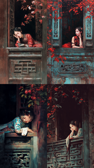 国风油画重彩，唯美深色，复古窗台雕花镂空，特大幻想，海棠花，古装女孩，懒散的爬在窗框上，意境深远，高清画质。岩彩色彩饱满，色彩晕染，笔触细腻，水墨渲染