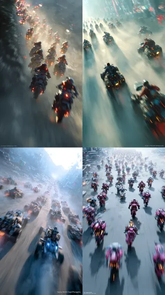以大师级手法，融合奇幻与神秘氛围，打造仿若《死亡搁浅》世界的震撼画面。上万台高科技两轮战车排着队在随机科幻背景中风驰电掣，雇佣兵阴影runners身姿矫健，驾驶着战车极速冲锋，身后扬起滚滚烟尘。战车周身布满赛博科技硬件，灯光闪烁，线条凌厉，彰显未来感。画面两侧因高速运动产生动态模糊，增强速度感与紧张氛围。整体风格奇幻且充满故事感，随机的色调搭配、模糊处理、构图及人物姿态，为画面增添未知与神秘。随机镜头视角，让观者仿若置身紧张刺激的追逐现场。模拟徕卡sl2相机，搭配summicron - sl 35mm f/2 asph镜头，设置光圈f/4，快门速度1/1000秒，iso 200，精准捕捉精彩瞬间，定格这充满奇幻色彩与故事张力的画面。同时空中飞着无数无人机跟随