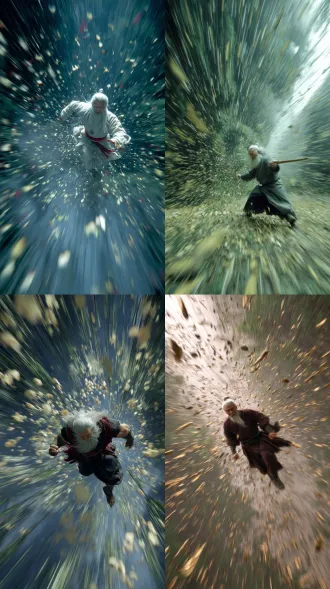 真人电影，白衣白胡子修真者在雨夜中极速前冲跨步用尽全身力量扭转身体打出圆形16个冲火箭掌分前中后三排，16道黑红色可视化旋涡状气流从拳头向人物后方延伸冲击波，旋涡气流带着大量的枯黄叶片和泥土灰尘，冲击性对角线构图，动态模糊，极速飞行，环境全部因为速度向后模糊，人物在中间远景一个小空间，剩余空间全部留给拳头和旋涡气流。证券透视，拉直叠加径向模糊，极远景仰视，大量高斯模糊，树林地带