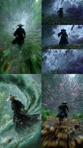 真人电影，斗笠黑衣男在雨夜中极速前冲跨步用尽全身力量扭转身体打出上中下三路6个冲火箭掌，6道青紫色可视化旋涡状气流从拳头向人物后方延伸冲击波，旋涡气流带着大量的枯黄叶片和泥土灰尘，冲击性对角线构图，动态模糊，极速飞行，环境全部因为速度向后模糊，人物在左边中间远景一个小空间，剩余空间全部留给拳头和旋涡气流。证券透视，斗笠黑衣男面对镜头拉直叠加径向模糊，极远景仰视，大量高斯模糊，树林地带