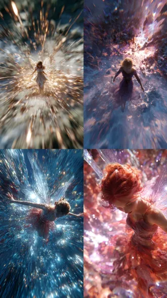 修仙女单掌接住能量爆炸，对焦爆炸特写直指镜头方向，俯视景深虚化，镜头模糊感，速度线描绘，两边气流后退成为一堆模糊虚影，8k超高清，速度感拉满，ue5渲染，狂乱梦核美感。真实摄影电影真人版