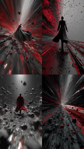 3d渲染，超写实，张扬，红黑色调，黑色闪光，黑袍，直刺前方，速度模糊，动态模糊，抽象，飞沙走石，阴暗画风，充满张力，杀意，雷电傍身，摧毁一切，灰色，颜料的涂抹感+肌理感，虚实反复穿插，非传统构图的艺术，反射，微光，宿命感 ，抽象，艺术，千军万马，哥特式风格，大暗黑天，幽暗，宿命感，黑白，混沌，执迷，无厌，愤怒，异质，破坏，背离，怠惰，谵妄，天启，暗潮，荒竭，戾刃，靡音，不朽，无界，故障感，移轴镜头，写实风格，破碎之痕，鱼眼镜头
