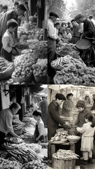 整体场景：1983 年江南的一个传统集市上，人来人往，热闹非凡。集市的街道两旁摆满了各种各样的摊位，有卖农产品的、卖手工艺品的、卖小吃零食的，叫卖声、讨价还价声此起彼伏。 细节元素：农产品摊位上，堆放着新鲜的蔬菜、水果和粮食，蔬菜上还带着清晨的露珠。手工艺品摊位上，摆放着精美的竹编、木雕和刺绣作品。小吃摊位上，冒着热气的油条、糍粑和糖画吸引着孩子们的目光。正在和顾客谈着价格。 人物状态：顾客则仔细地挑选着，不时和大叔讨价还价。孩子们围在小吃摊前，眼巴巴地看着那些美味的小吃，拉着大人的衣角想要购买。 光影效果：采用明亮的自然光，阳光均匀地洒在集市上，照亮了每一个角落，使整个集市显得生机勃勃。人物的影子在阳光下清晰可见，增加了画面的立体感。 色彩搭配：以丰富多样的色彩为主，农产品的绿色、红色，手工艺品的棕色、彩色，小吃摊的金黄色、红色相互搭配，构成一幅色彩斑斓的画面。 分辨率与质感：12k 超高清分辨率，运用写实的摄影风格，捕捉集市的热闹场景和人物的生动表情，画面具有强烈的现场感和真实感，添加轻微的动态模糊效果，表现人群的流动感。