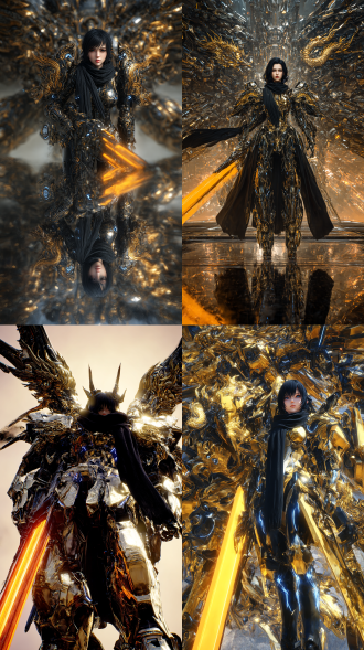 由无数机甲零件构建而成的巨大魔龙背景，震撼，巨物，巨物恐惧，一个穿着黑色液态鎏金铠甲有蓝色能量纹路的黑色长发女子，尖锐护肩，复杂华丽金色龙纹，3s级镜面反射，倒影，黑色猎魔围脖披风随风飘动，横向平举巨大的长柄发光橙色荧光武器，傲慢，广角，怼脚仰拍，远景，真人写真摄影，细节拉满，高清纹理，oc渲染，c4d，物理引擎打造，伦勃朗光，面部特写