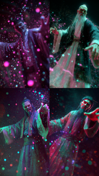 僵尸道长，经典角色，经典服饰，施法，大量荧光粒子光效，暗黑，扭曲，凌乱，远景，近景，微距，随机场景