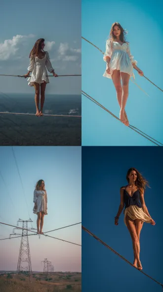 一位美女，赤足，大长腿，在极高的高压电线上单脚站着，高空俯拍，自拍