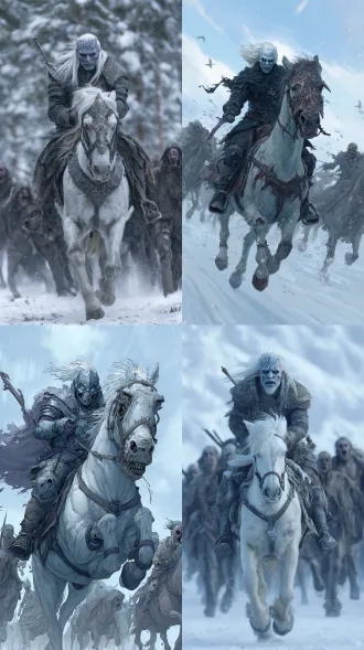 在权力的游戏风格设定下，一位有着人形脸、白色长发的异鬼戴着头盔，头盔中透射出一双幽兰的双眼，骑在一匹身披盔甲却已腐烂的战马上，于凛冬的风月中疯狂狂奔，手中挥舞着武器，其周围有一大群食尸鬼正奔跑着，整体画面有速度感，模糊，写实