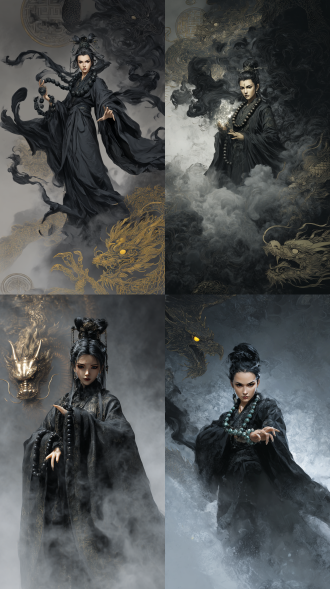 石矶娘娘面容冷峻，黑袍猎猎，周身萦绕诡异黑气。她玉手一挥，骷髅佛珠飞旋，诡光四溢，八卦龙须帕如乌云翻卷，阴森之气弥漫，金眼神鹰唳鸣扑击，爪携寒光，直逼云霄公主。 背景是封神榜天绝阵，天绝阵中，太极图虚影沉浮，八卦光影闪烁。幽雾弥漫，奇香暗浮却难掩森冷。幡旗烈烈作响，似藏无尽诡秘。 特写，