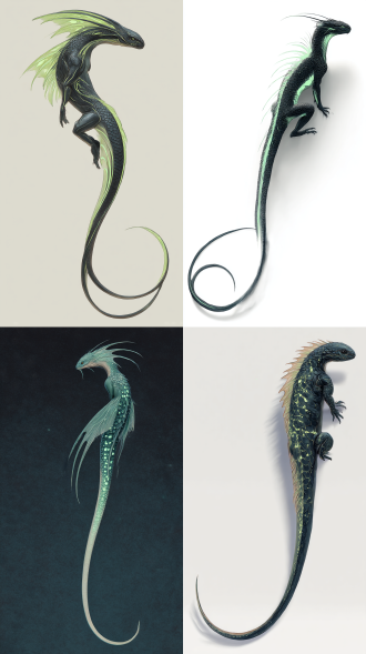 奇幻生物全身像，修长优雅的尾巴延伸至画面边缘，尾巴与身体比例协调，解剖学结构准确，柔和的渐变光影，高细节质感，半透明鳞片覆盖尾巴，发光纹理从尾部向上蔓延，浅黑色与墨绿色配色方案，超现实生物设计，4k分辨率写实渲染