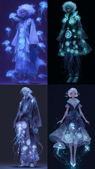 幻想宇宙风格，宇宙人类，具有特色设计美感的异种族服饰，透明感头发，类人美丽五官，水母一般的衣服，深海螺旋鱼群发光的中心