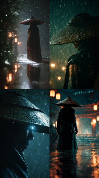 光线追踪，4k画质，中式黑暗武侠，复仇者，斗笠，雨夜，反射金属照亮镜头，与邪魔在阴影中的战斗