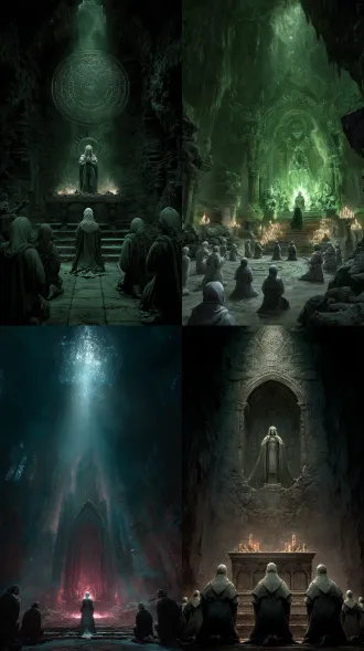 哥特神秘主义，魔幻世界，艾尔登法环类boss设计，绿色邪火女祭司，阴暗地穴祭坛，跪拜的星之教徒