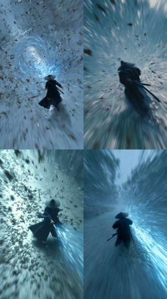 真人电影，斗笠黑衣人在面对雨夜中极速前冲跨步冲火箭拳，一道青色可视化旋涡状气流从拳头向人物后方延伸冲击波，旋涡气流带着大量的枯黄叶片和泥土灰尘，冲击性对角线构图，动态模糊，极速飞行，环境全部因为速度向后模糊，人物在左边中间远景一个小空间，剩余空间全部留给拳头和旋涡气流。证券透视，黑衣向后拉直叠加径向模糊，极远景仰视