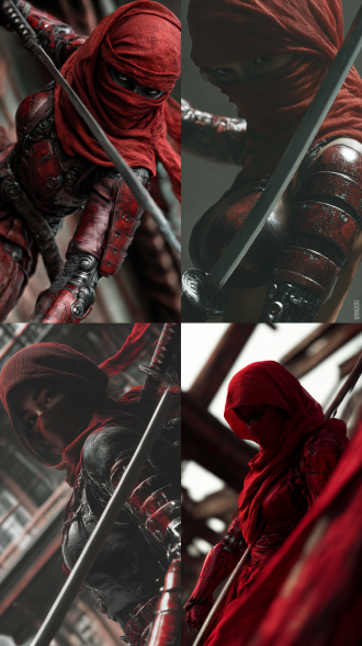 写实，抓拍，画面无瑕疵，极繁主义，不对称构图。磨砂感、极具艺术感、震撼人心、视觉冲击力，突出立体感，电影质感，黑暗风格，低角度视角，特写镜头，超高清，机械忍者、朦面红色长头巾，红色装甲、武士刀、背景是末日废墟日式建筑废土，腾跃起挥刀。作品充满神秘感和冲击力。