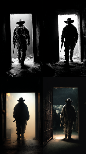 昏暗的地下加工场门前，闪出一个戴碎布条宽檐奔尼帽，碎布条伪装服，脸上涂着迷彩的突击队员，手握匕首小心翼翼快速接近毒贩背影，周围的氛围安静而神秘。大门内隐约可见毒贩背影走动