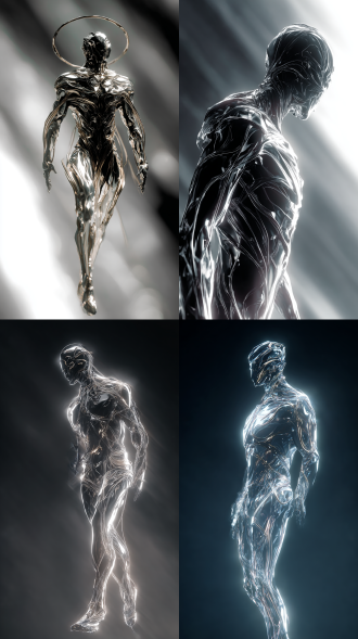 一台体态纤细修长的未来液态镂空金属人形孤独的漂浮在空中，棱角分明的机械结构链接，流动感的液态金属镂空皮肤，修长高挑健硕的镂空人形身姿，液态金属丝交汇成的纤维遍布全身勾勒出镂空人形的力量感。大师级的、高对比的、动态的、立体的、富有张力的、高反差的、明快的、细节清晰详尽的、视觉冲击感强的、极具想象力的、抽象的、唯美的、镂空的，写意的、栩栩如生的、惟妙惟肖的。超现实主义（融合科技感元素）。octane渲染、cycles、c4d渲染、大色彩反差、背景高炫光勾勒轮廓、虚化背景、动感形态、活灵活现、细节清晰详尽。轮廓光特写、聚焦主题