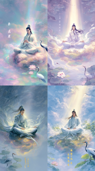 一位身着飘逸仙衣、周身散发柔和光芒的神仙，盘腿坐在七色祥云上，仙风道骨，道法自然，太极阴阳，在云雾缭绕的天空中自由翱翔，衣袂随风舞动，姿态轻盈优美，周围环绕着祥瑞的光芒，营造出神秘而奇幻的氛围，油画效果，史诗级背景，神秘发光文字，荷花莲叶，仙鹤在身旁