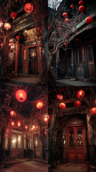 阴森恐怖的中式鬼屋，屋内弥漫着诡异的气息，古老的中式建筑风格，雕梁画栋，却透着阴森与衰败，门窗半掩，透出丝丝寒意，上方很多的红色灯笼，周围环绕着枯树枝桠，仿佛有无数双眼睛在黑暗中窥视，营造出令人毛骨悚然的氛围