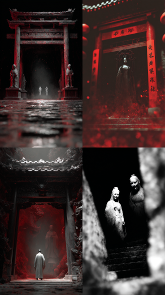 地府，鬼门关，黑白无常，景深渲染，恐怖，光线追踪，高对比度，人像，地府，鬼门关，白无常，中式恐怖，光线追踪，高对比度，真实照片效果“一见发财，天下太平”