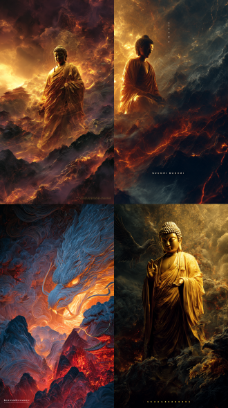 佛祖,飘逸的披风,金光四射,巨大的老鹰,杀意的眼神,一半神佛,一半恶魔,天雷滚滚,惊涛骇浪,摄影作品,将“天宫”的概念与极端细节并置,暗黑破坏神,山峰,乌云,充满绝望的,黑暗,红色,神魔,火焰,冥界,地狱,魔界,光线追踪,暗黑色,发光的线条和纹理,通透,俯拍,真实灾难环境渲染,逼真的细节,黄昏渲染,三维古风,次表面散射,阴影融合,像质量和渲染,电影色调,55毫米镜头,赛博朋克,磨砂质感,丁达尔效应,真实光照渲染,3d立体,超精致细节