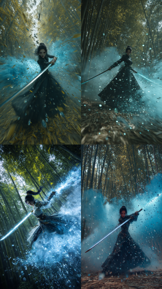 西式玄幻风格，黑暗，阴暗的竹林中，一个穿着华丽哥特风格服装的女子向镜头快速旋转挥舞长剑引发动态模糊高斯镜头畸变效果，枯黄与翠绿的竹叶漫天飞舞，有大量蓝色烟雾弥散光线呈现玄幻风格，长剑快速旋转挥舞留下残影，大量动态雨滴与汗水混合飘洒，史诗级大片，玄幻动态光效，身后浮现一个同步动作巨大的光粒子巨兽拿着燃烧蓝色火焰光效的长剑引发用波纹展示剧烈冲击波引发落叶破碎效果，玄奇色彩，虚幻物理引擎展现真实战斗纹理，32k超高清画质精细刻画战斗镜头，夸张的肢体动作展现玄幻的精髓，大量水滴破碎展示力量感，夸张的武器残影轨迹符合玄幻小说的战斗设定，无人机高空拍摄，