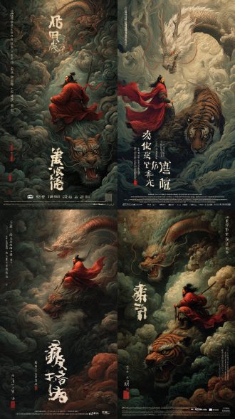 手绘插画，油画质感，神明钟馗身穿红色长袍坐在山海经巨兽背上，一幅充满中华元素的神话作品，龙虎在云雾中穿梭，龙行云，虎行风，整个画面云雾缭绕，龙虎气势非凡，光影交错间展现出神秘而宏大的氛围。细节丰富，画面充满张力感。超清画质。展现出古朴又具气势的神韵，色彩古朴棕褐与绿相间 ，尽显威严神秘。传递出古朴厚重的历史与艺术氛围，极致细节，写实油画风格暗黑，超清32k，健壮，全身，手拿武器长剑，背景（纯暗红色的背景，黑色的石地板），国际大片电影海报，海报背景是烟雾缭绕。仰视图背光整体上，海报传达了一种神秘的氛围。压低光线，使其从黑暗中窥视着世界。给人一种高贵、时尚的感觉。青金石蓝与熔岩金渐变，古代云纹，背景是烟雾缭绕，营造出一种高贵典雅的氛围。整体风格简约而富有质感，色调以金色和橙色为主，给人一种高贵、时尚的感觉。构图采用中心构图，视角上给人一种简洁、大气的感觉。基于物理效果（漫反射，伦勃朗光，反射光，重力感，厚实感，阴影细腻，高光清晰明亮，光与暗鲜明对比，光影层次感分明），材质（次世代材质，pbr材质肌肤，灰尘，超详细，细节复杂，质感细腻），镜头（整体，固定正面照，中景，电影级别，动态美学，聚焦，高级感，），3d 立体， 灯光（侧光，轮廓光，电影级别照明，柔光，三点打光法），oc 渲染效果，虚幻引擎 5 lumen 渲染，c4d 渲染，色彩（暖色，高对比度，高饱和度）风格（ 中土世界，玄幻，游戏，影视，杰作，大师级作品，写实感，视觉冲击）