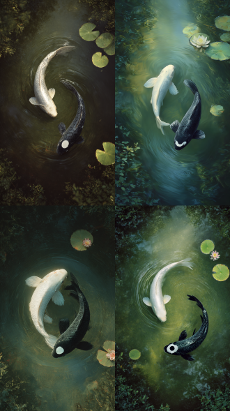 真实风格摄影，4k超高清画质，以附视视角，以写实主义手法捕捉宁静池塘。两条锦鲤呈螺旋状优雅游弋，构成侧身双鱼造型，一条通体白配黑眼珠，另一条通体黑配白眼珠，圆形造型。 两片荷叶荷花漂浮，泛起微微涟漪，倒映周围绿意。鱼与水搅成漩涡，池塘边缘自然动态模糊。画面散发宁静自然美感，柔焦光线营造梦幻氛围，风格细腻展现鱼身鳞片纹理，大师级构图，多留白，凸显景深层次感。真实风格摄影，4k超高清画质，以附视视角，以写实主义手法捕捉宁静池塘。两条锦鲤呈螺旋状优雅游弋，构成侧身双鱼造型，一条通体白配黑眼珠，另一条通体黑配白眼珠，圆形造型。 两片荷叶荷花漂浮，泛起微微涟漪，倒映周围绿意。鱼与水搅成漩涡，池塘边缘自然动态模糊。画面散发宁静自然美感，柔焦光线营造梦幻氛围，风格细腻展现鱼身鳞片纹理，大师级构图，多留白，凸显景深层次感。