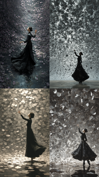 一个很小的黑灰色长裙东方美女背影，踮起脚，一手伸向天空，地上有水，无窮无盡的花瓣漫天飞舞上方，密密麻麻，重复，奇幻空间，创新，虚实，超现实，细致逼真，暗黑感觉，大師作品。