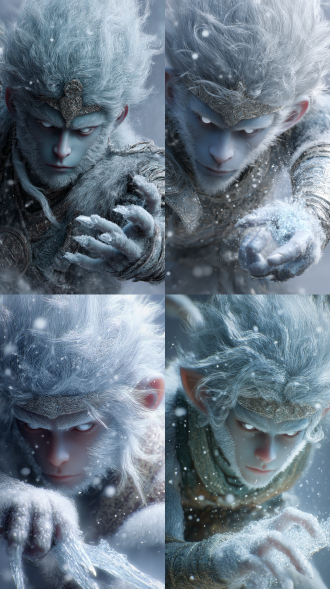 孙悟空写实设计，景深，自由构图，光影交错，高细节，凌乱的头发，蓬松飞扬，细闪，正面，眼睛是白色，头饰，发丝飘荡交织，雪鬼的毛发飞舞，露出了冰蓝色的肌肤与惨白的眼眸，四周的阴冷气息浓郁无比，让人完全不敢靠近，渐变异常，粗糙纹理，背景混乱，雪花飘落，白发，随机动作，中式怪诞风格，不和谐构图，寒冰之王，单手竖起 冰晶利爪 手中细小冰霜粉末结晶组成的小型风暴