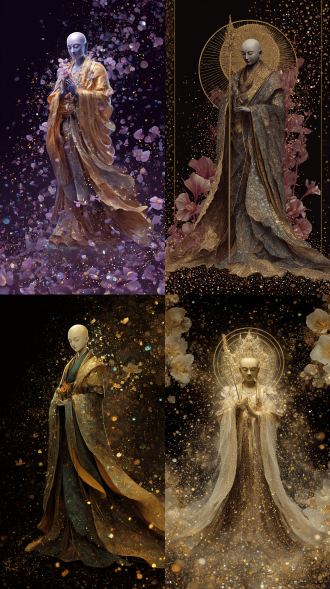 光头地藏王菩萨，华丽袈裟，衣袂飘飘，粒子颗粒，背景兰花花瓣宝石，奇幻