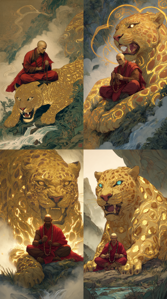身着红色长袍居士，肌肉猛男，手持佛珠，盘腿而坐在巨兽金钱豹身上，金色豹纹似乎在发光，豹子体型巨大如山，眼睛灵性有神，张口獠牙，体表呈现出金黄色莹光纹路。站在林中山涧中，周身烟雾缭
