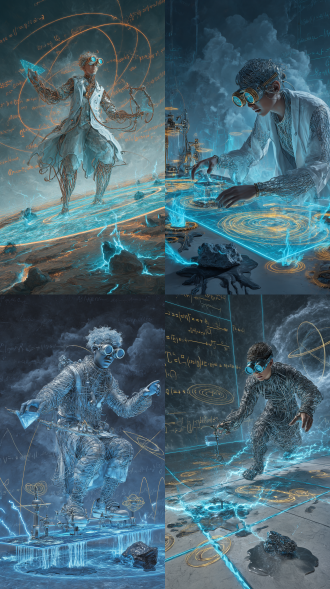 物理修真者悬浮在引力场扭曲的六维坐标系中，实验室墙面蚀刻发光的哈密顿修真方程，背景悬浮刚体转动惯量云图与时空曲率模型，人物左手操控引力棱镜右手调整薛定谔波函数仪，穿着钛丝编织道袍配量子纠缠观测目镜，地面裂痕渗出暗物质流浆，粒子对撞环迸发蓝色能量电弧，实验台悬浮刻有复杂的公式的玄铁陨星，冷金属色调中跃动着钴蓝能量流，全息屏显示着黎曼张量修真进度，空气里漂浮着金色动量符号和银色波函数云