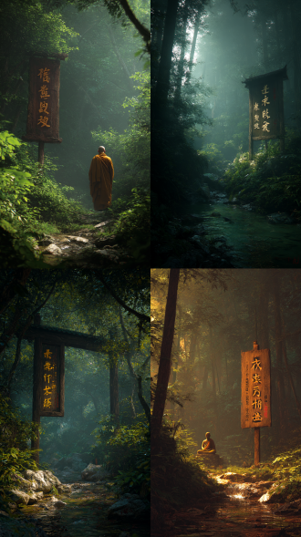 随机元素，灵隐寺，密林，小溪，僧人，木牌，日出，随机风格，随机镜头，随机氛围，奇幻，故事感，神秘，随机模糊，随机构图，随机人物，随机色调。