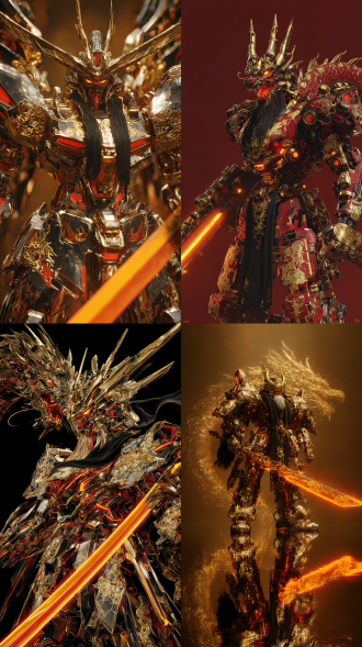 由无数机甲零件构建而成的巨大魔龙背景，震撼，巨物，巨物恐惧，一个穿着黑色液态鎏金铠甲有红色能量纹路的长袍神明钟馗，尖锐护肩，复杂华丽金色龙纹，3s级镜面反射，倒影，黑色猎魔围脖披风随风飘动，横向平举巨大的长柄发光橙色荧光武器，傲慢，广角，怼脚仰拍，远景，真人写真摄影，细节拉满，高清纹理，oc渲染，c4d，物理引擎打造，伦勃朗光，面部特写，