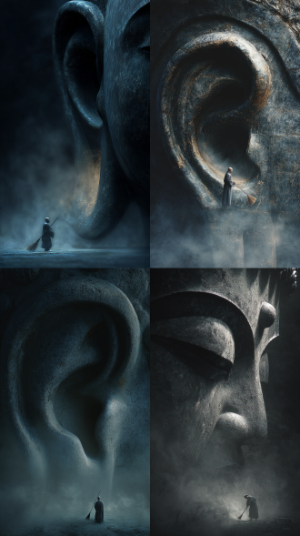 超现实主义，一个巨大的石刻佛耳特写，一个小小的扫地僧正站在耳洞外用扫帚打扫，超写实风格暗黑，氛围烟雾，画面四角压暗，中心聚光，胶片颗粒质感，神秘禅意，高清画质