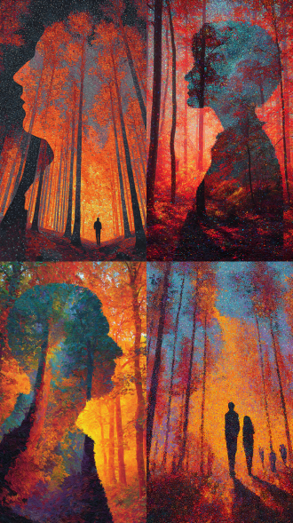 炫酷点彩画，故障艺术与人物摄影结合，火红枫叶林与人物轮廓叠影，梦幻唯美，治愈，动态艺术，炫彩光影，温馨，禅意人生，意境感，视觉美学。
