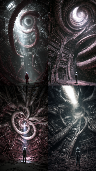 伊藤润二与h.r.吉格的融合风格，一个被螺旋和增生完全侵蚀的巨大实验室，广角镜头，对称构图，实验室的墙壁、天花板和地板都变成了活体肉，金属管道像管一样搏动，无数电线扭曲成巨大的螺旋形态从墙体中伸出，巨大的眼球从螺旋的中心凝视着一切，一个渺小的人影穿着防护服站在中央，显得无助而渺小，体积光从天花板的缝隙中射入，形成丁达尔效应，光束照亮空气中漂浮的孢子和尘埃，光影斑驳，暗黑系色调，以肉的暗红色、骨骼的灰白色和金属的冷色为主，点缀着生物发光的诡异蓝色，营造出史诗级、宏大、克苏鲁、生物朋克的氛围，虚幻引擎渲染，光线追踪，极致细节，展现生物组织的粘滑纹理和金属的冰冷质感。
