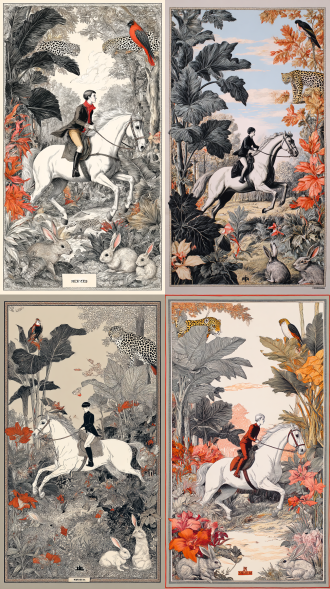 爱马仕丝巾设计，一个黑色的很小的爱马仕的logo在画面下方，画面是一个小男孩骑在一匹飞奔的白马上，穿越过梦幻森林，巨大的宽叶植物，盛开的奇花异草，藏在树叶后的猎豹，站在树梢的鹦鹉，灌木丛中的兔子，采用细线雕刻，配色为黑色、红色、橙色和白色，色调柔和，精细的细节描绘