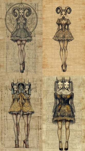 达芬奇手稿风格,（白金粗线条）,神话传说，怪物，东洋鬼族，额头上方长双角，双马尾，娇小，设定图，大长腿，蕾丝高跟，写实复杂的色彩,神秘,画布艺术,复杂,详细,精致,工艺,技术绘图手写风格,发黄的莎草纸,复古