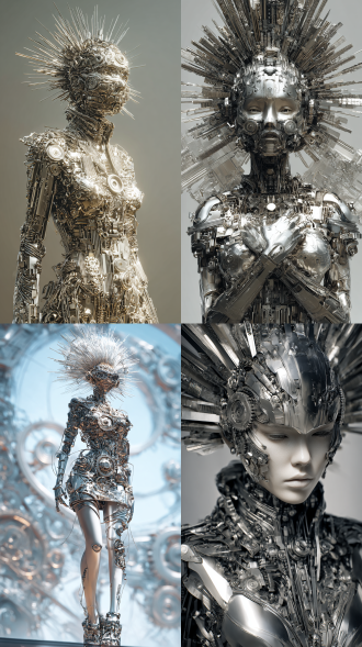 主体一个由无数机械部件组合而成的机械妖姬，居中构图，全身到脚形象镜头，全身特写，广角镜头，金属长发，浑身散发着金属光泽，身上的机械结构细节清晰，带着机械面具，展现出强烈的科技感与未来气息，震撼的视觉，超现实主义写实风格，3d,超高分辨率，简洁的科技感背景，