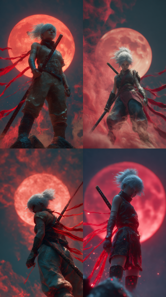 超精细8k电影镜头，仰视视角！古代女刺客傲立群峰之巅，随机色彩丝绸劲装裹身，腰间垂落七道猩红飘带向背后飘动（动态模糊效果）。灰白长发凌乱迸发，左手按压腰间横挎的黑暗龙纹长棍。背景红圆月占画面1/3，猩红色魔云涌动发光，月光衍射出红色光芒。多重残影环绕人物，沙尘纷飞腾起，飘带与发丝拖出磷火轨迹。赛博朋克红光补光，暗部青蓝冷调，超高细节丝绸纹理+金属剑鞘磨损，恐怖谷级面部阴影随机背景